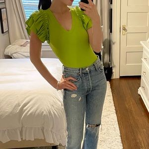 Express Lime Green V-Neck Ruffle Sleeve Bodysuit